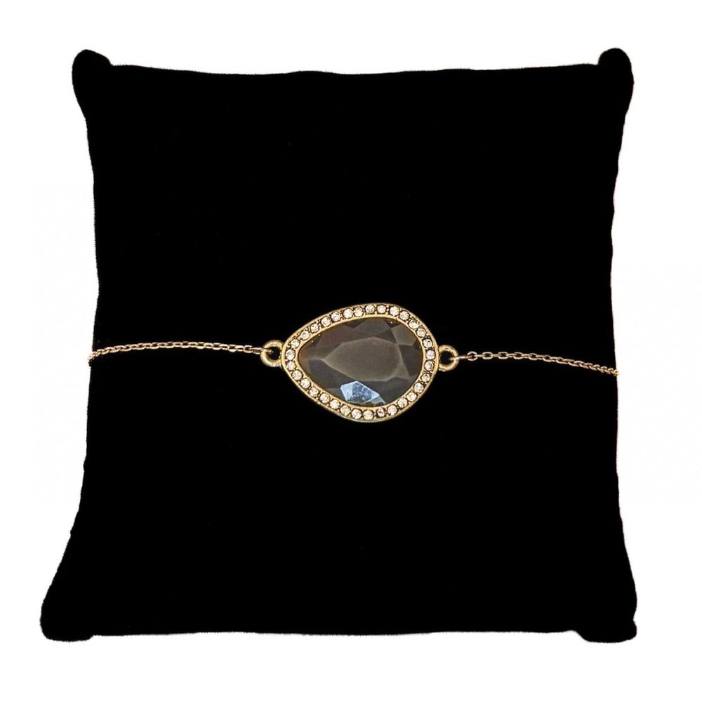 NEW - Gold Adjustable Bolo Bracelet w Rhinestone Halo & Smokey Grey Gemstone